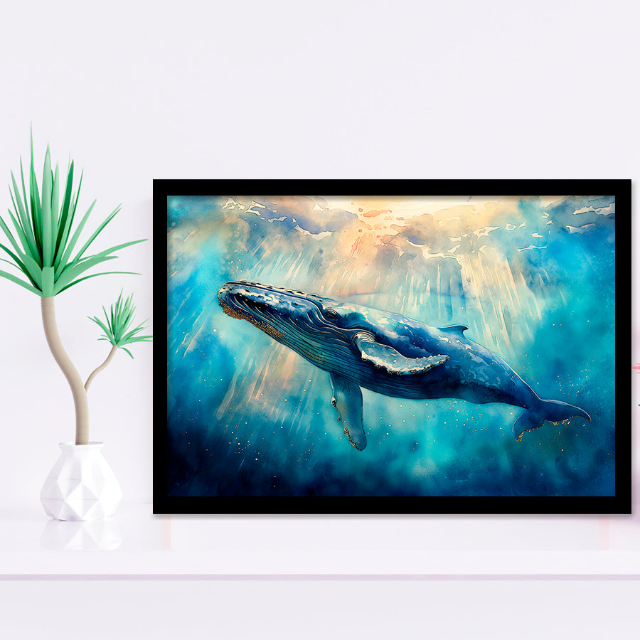 Big Whale In The Sea Ocean Watercolor Painting  V1, Painting Art, Framed Art Print Wall Art Home Decor