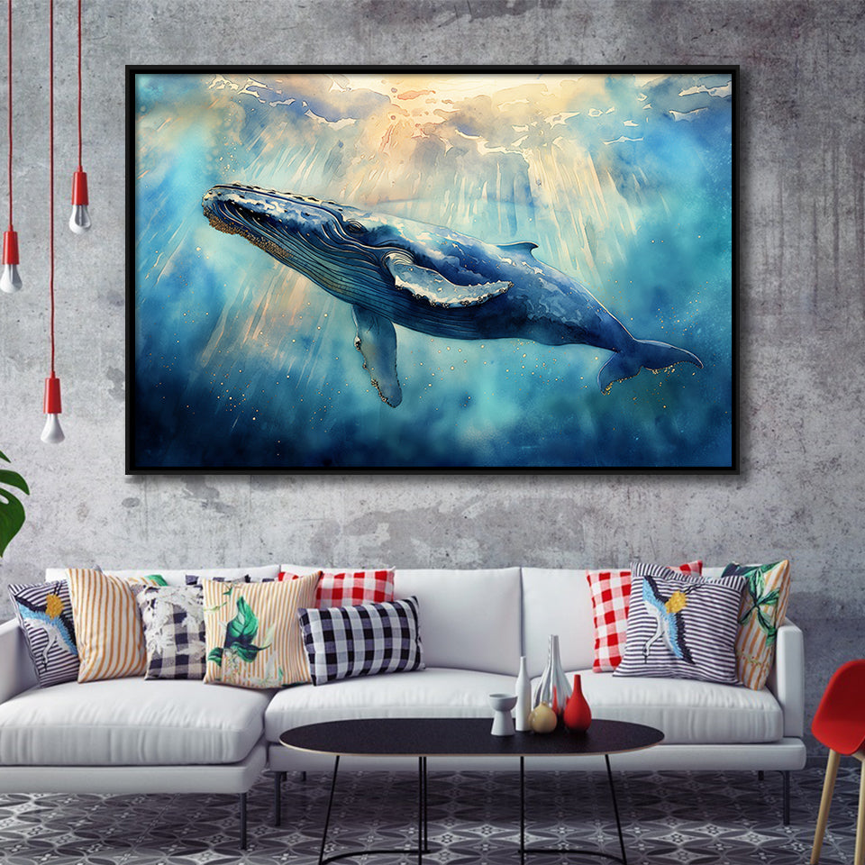Big Whale In The Sea Ocean Watercolor Painting  V1, Floating Frame, Framed Canvas Print Wall Art Home Decor
