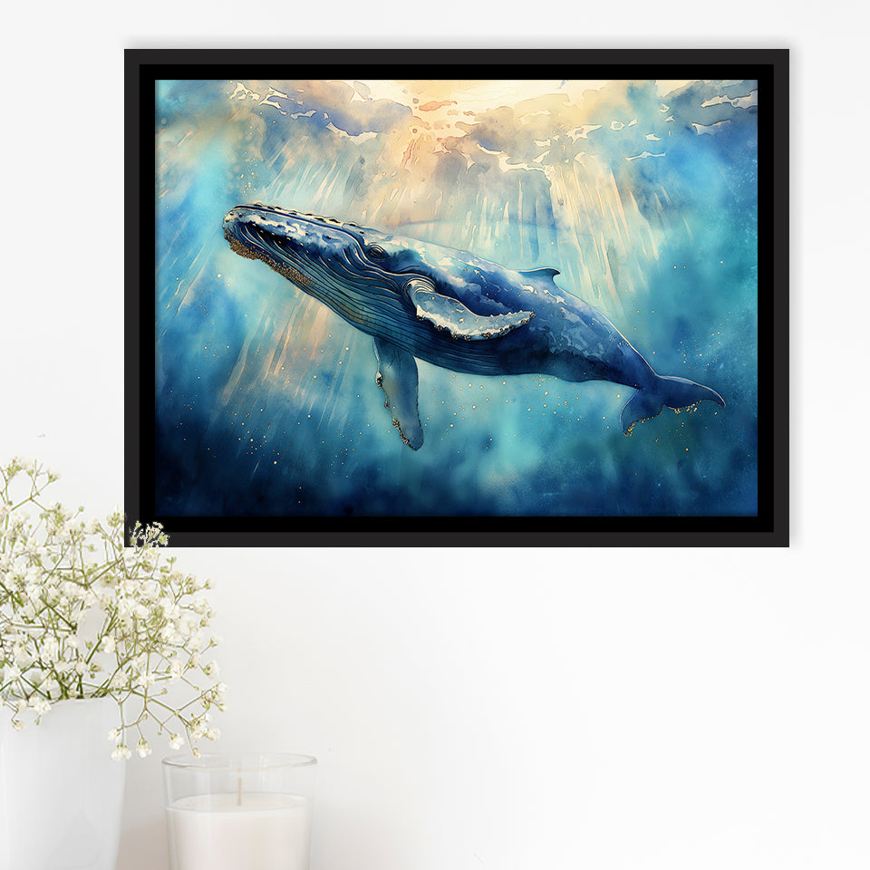 Big Whale In The Sea Ocean Watercolor Painting  V1, Floating Frame, Framed Canvas Print Wall Art Home Decor