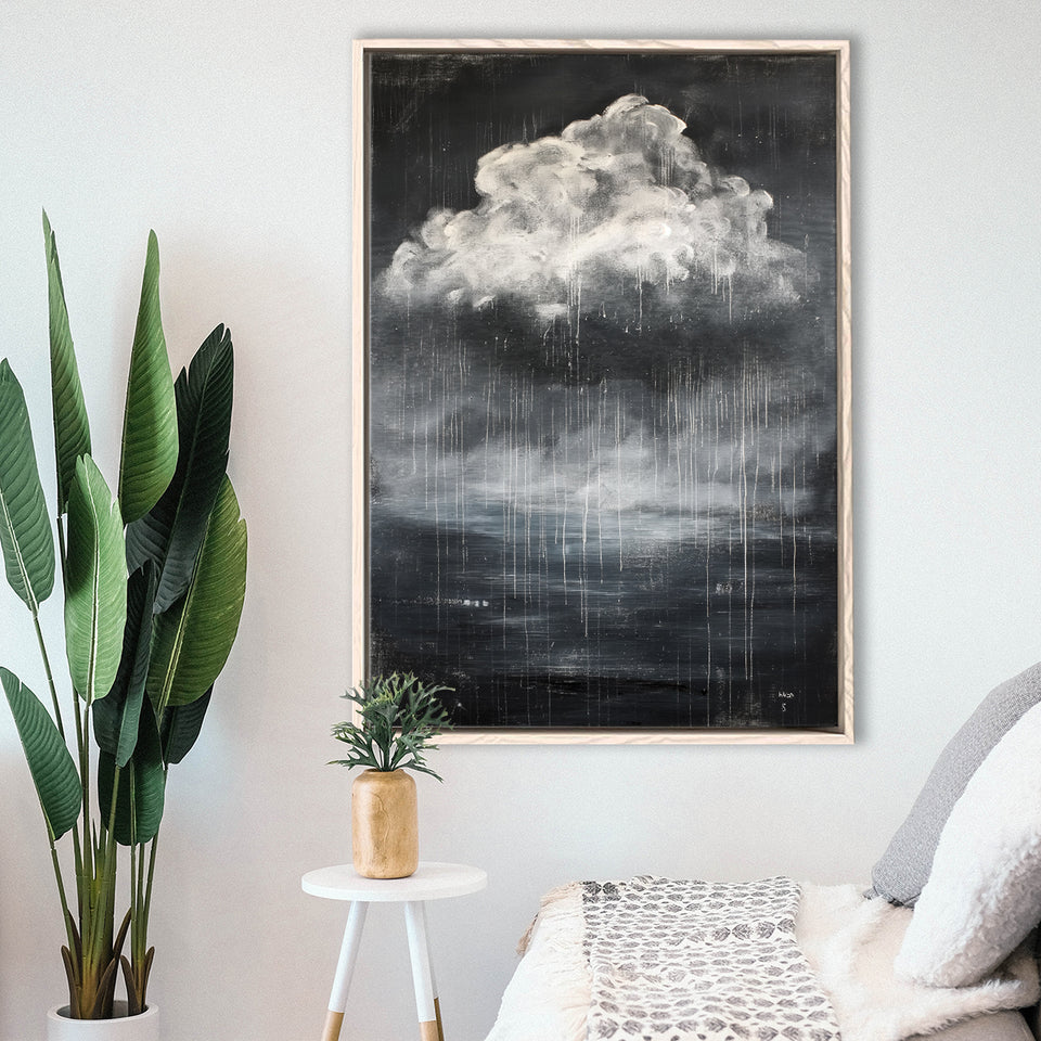 Big White Cloud Raining Below And Storming Oil Paint,Framed Canvas Prints Wall Art Decor, Floating Frame