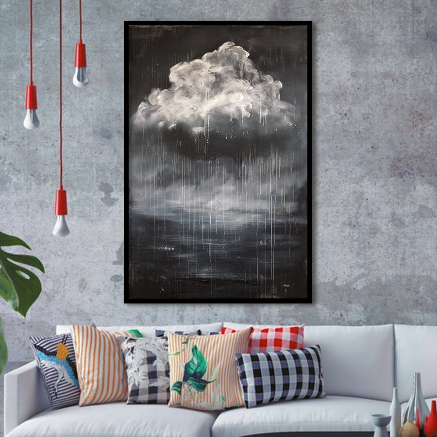 Big White Cloud Raining Below And Storming Oil Paint,Framed Art Prints Wall Decor, Picture Framed