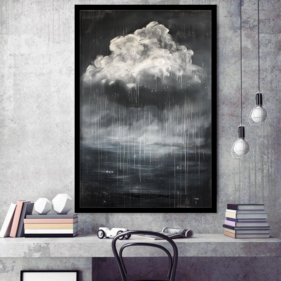 Big White Cloud Raining Below And Storming Oil Paint,Framed Art Prints Wall Decor, Picture Framed