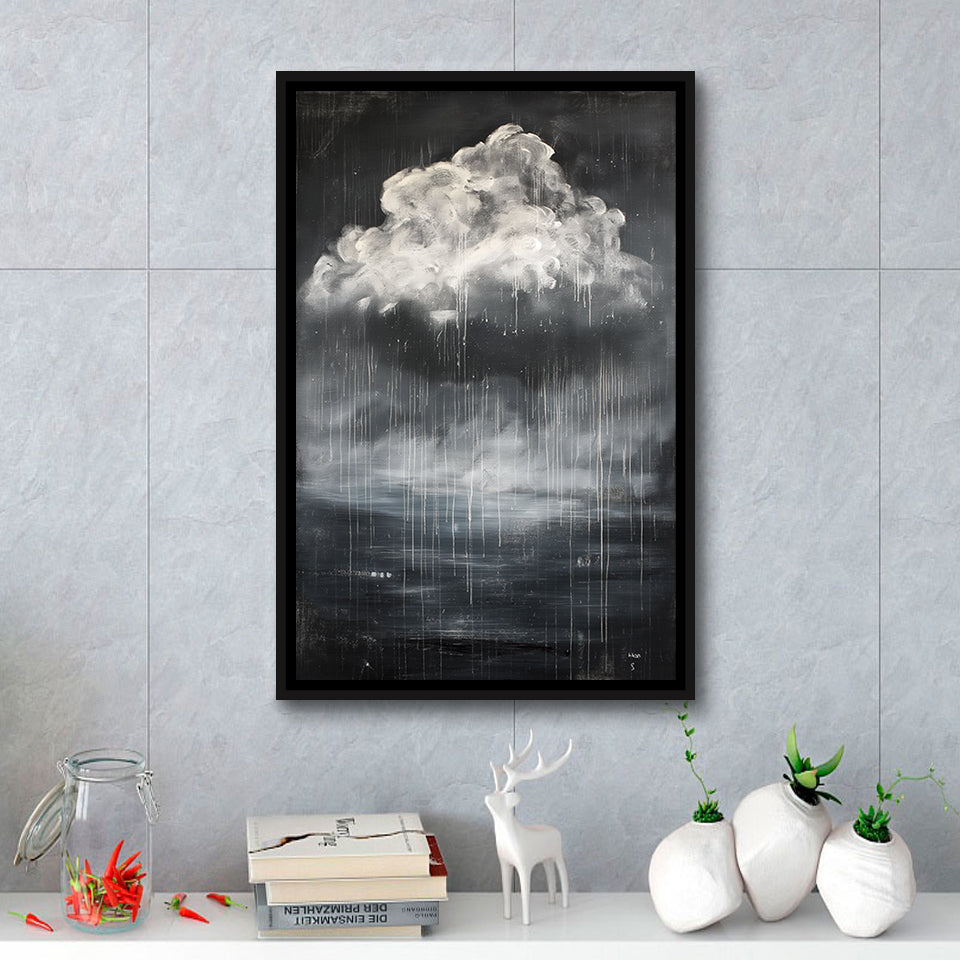 Big White Cloud Raining Below And Storming Oil Paint,Framed Canvas Prints Wall Art Decor, Floating Frame