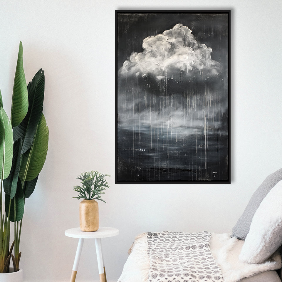 Big White Cloud Raining Below And Storming Oil Paint,Framed Canvas Prints Wall Art Decor, Floating Frame