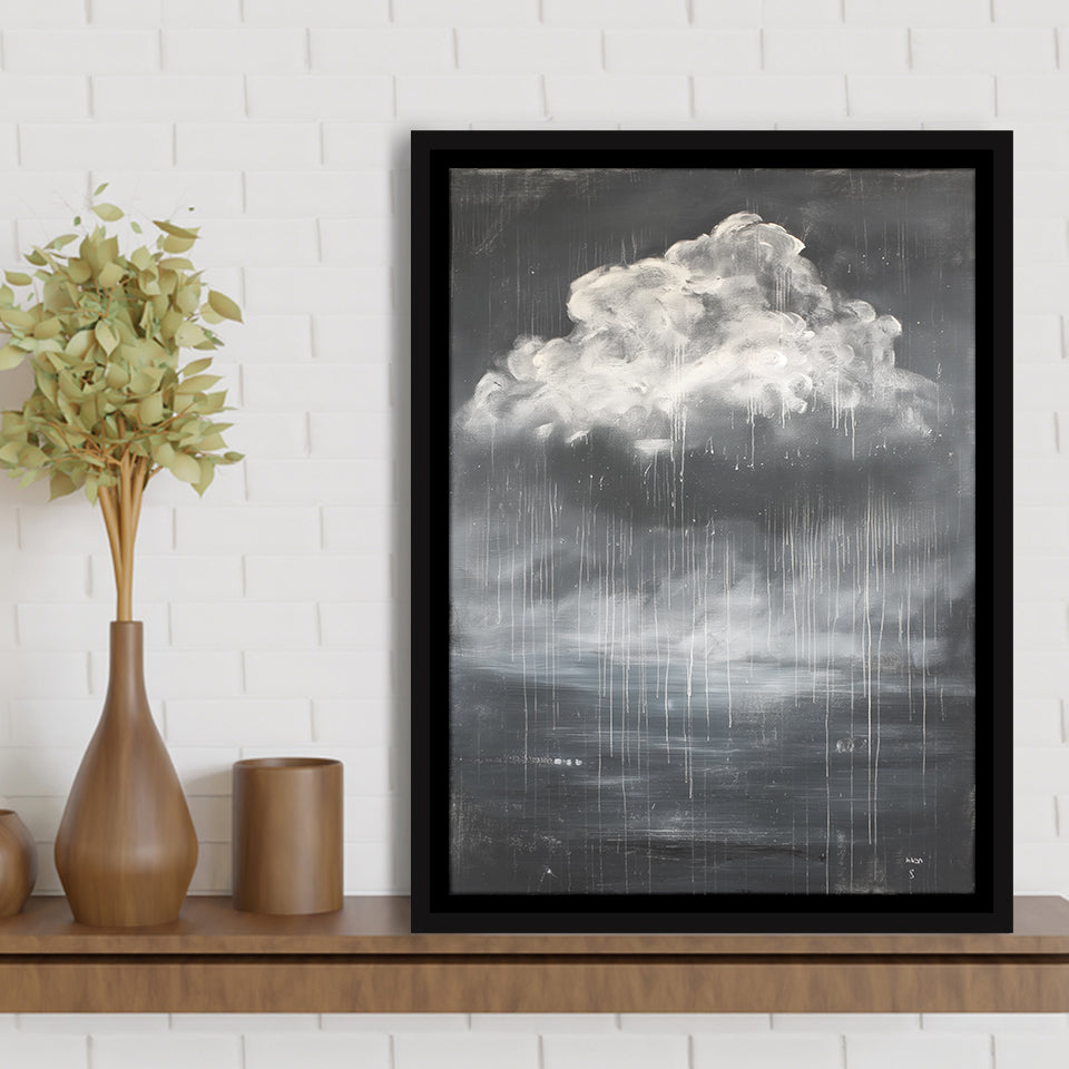 Big White Cloud Raining Below And Storming Oil Paint,Framed Canvas Prints Wall Art Decor, Floating Frame