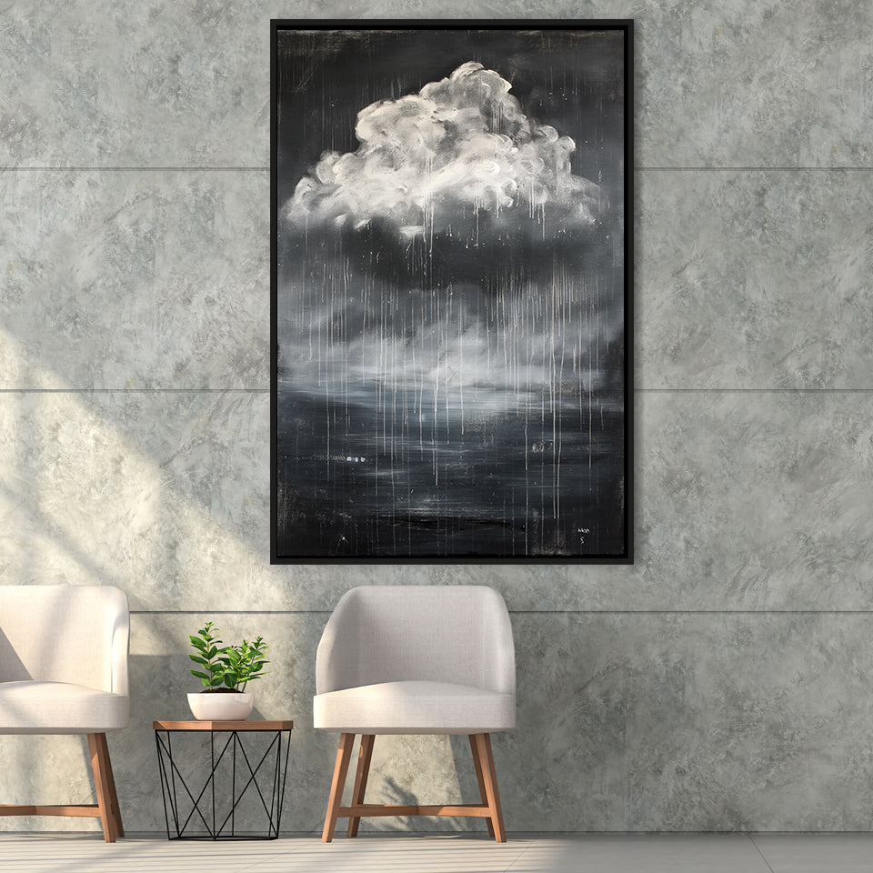 Big White Cloud Raining Below And Storming Oil Paint,Framed Canvas Prints Wall Art Decor, Floating Frame