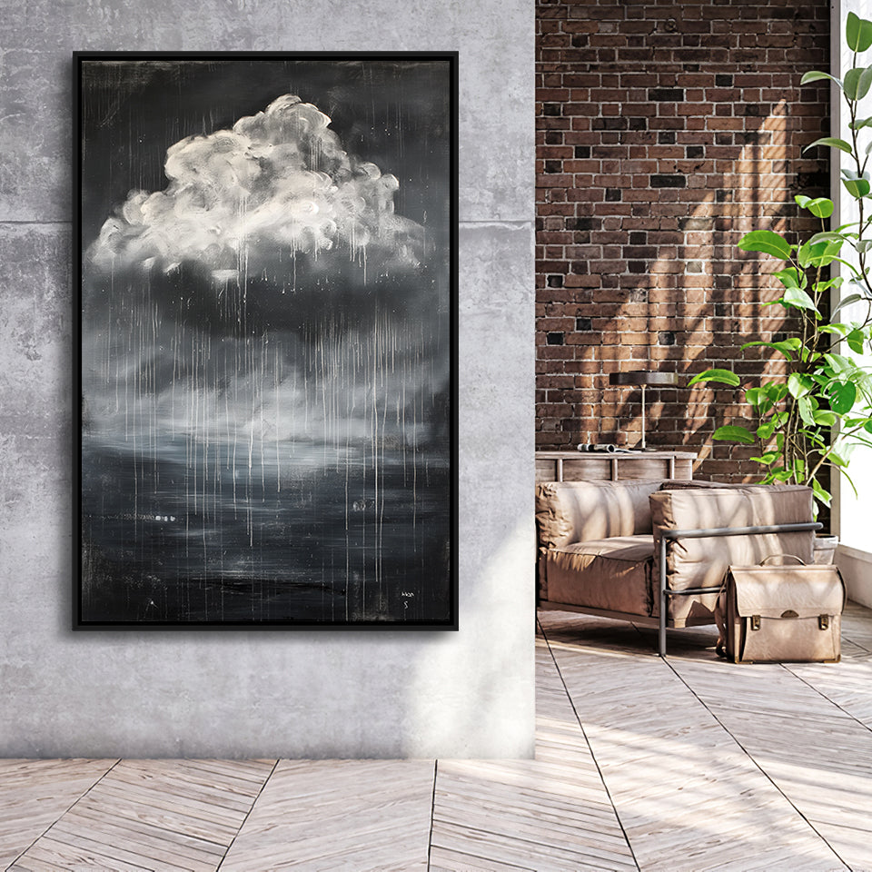 Big White Cloud Raining Below And Storming Oil Paint,Framed Canvas Prints Wall Art Decor, Floating Frame