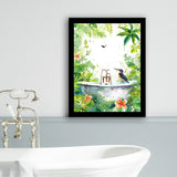 Bird In Bathtub Bathroom Decor Print Tropical Leave Framed Art Print Wall Decor, Bathroom Framed Art Decor