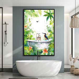 Bird In Bathtub Bathroom Decor Print Tropical Leave Framed Canvas Prints Wall Art, Bathroom Framed Art Decor