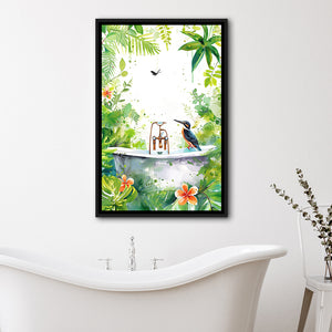 Bird In Bathtub Bathroom Decor Print Tropical Leave Framed Canvas Prints Wall Art, Bathroom Framed Art Decor