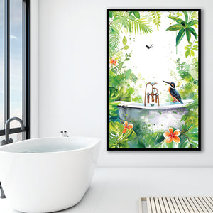 Bird In Bathtub Bathroom Decor Print Tropical Leave Framed Art Print Wall Decor, Bathroom Framed Art Decor