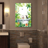 Bird In Bathtub Bathroom Decor Print Tropical Leave Canvas Prints Wall Art, Bathroom Art Decor,