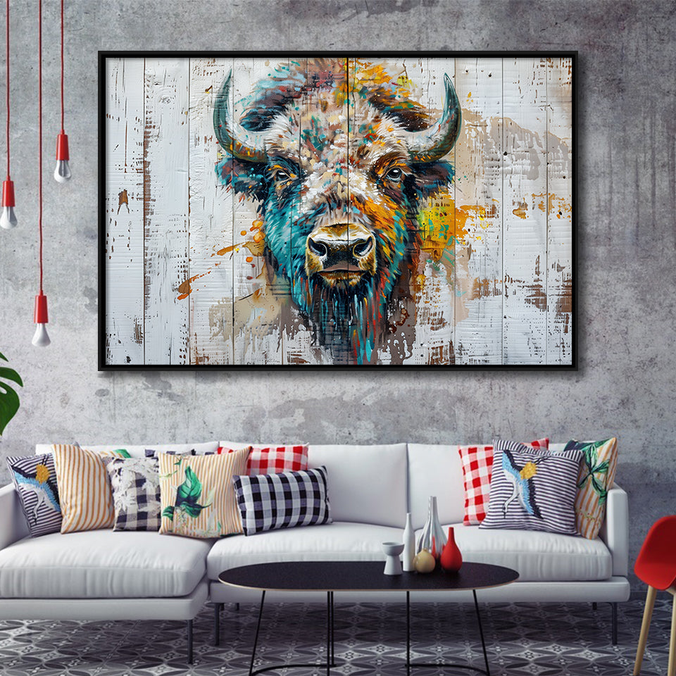 Bison Painted On Wood Texture Background Rustic Cabin, Framed Canvas Print Wall Art Decor,Floating Frame