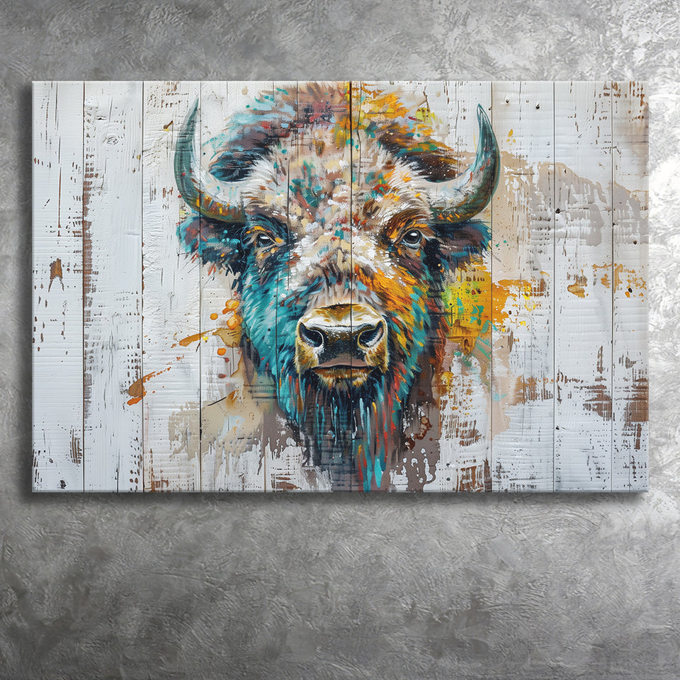 Bison Painted On Wood Texture Background Rustic Cabin, Canvas Print Wall Art Decor, Landscape Art Print