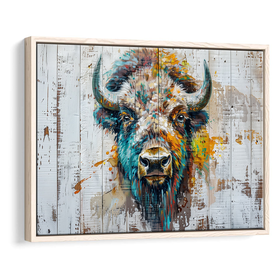 Bison Painted On Wood Texture Background Rustic Cabin, Framed Canvas Print Wall Art Decor,Floating Frame