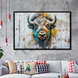 Bison Painted On Wood Texture Background Rustic Cabin, Framed Art Print Wall Decor, Framed Picture