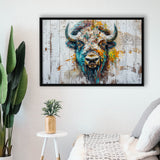 Bison Painted On Wood Texture Background Rustic Cabin, Framed Canvas Print Wall Art Decor,Floating Frame