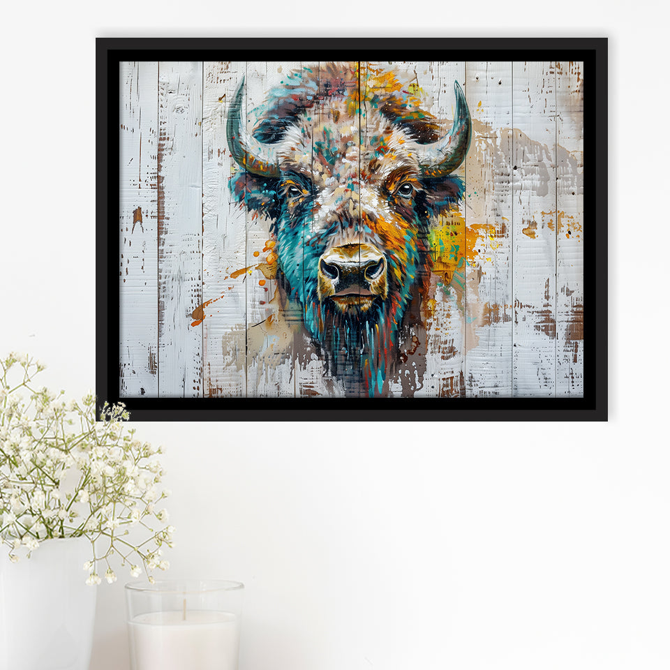 Bison Painted On Wood Texture Background Rustic Cabin, Framed Canvas Print Wall Art Decor,Floating Frame