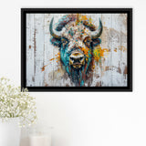 Bison Painted On Wood Texture Background Rustic Cabin, Framed Canvas Print Wall Art Decor,Floating Frame