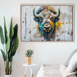 Bison Painted On Wood Texture Background Rustic Cabin, Framed Canvas Print Wall Art Decor,Floating Frame