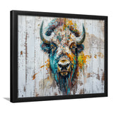 Bison Painted On Wood Texture Background Rustic Cabin, Framed Art Print Wall Decor, Framed Picture
