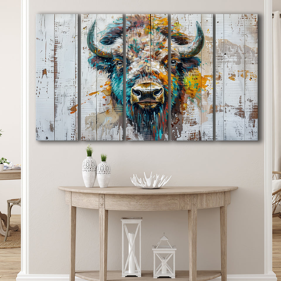 Bison Painted On Wood Texture Background Rustic Cabin, Extra Large Multi 5 Panel Canvas Print Wall Art Decor