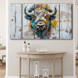 Bison Painted On Wood Texture Background Rustic Cabin, Extra Large Multi 5 Panel Canvas Print Wall Art Decor