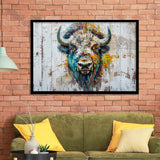 Bison Painted On Wood Texture Background Rustic Cabin, Framed Art Print Wall Decor, Framed Picture