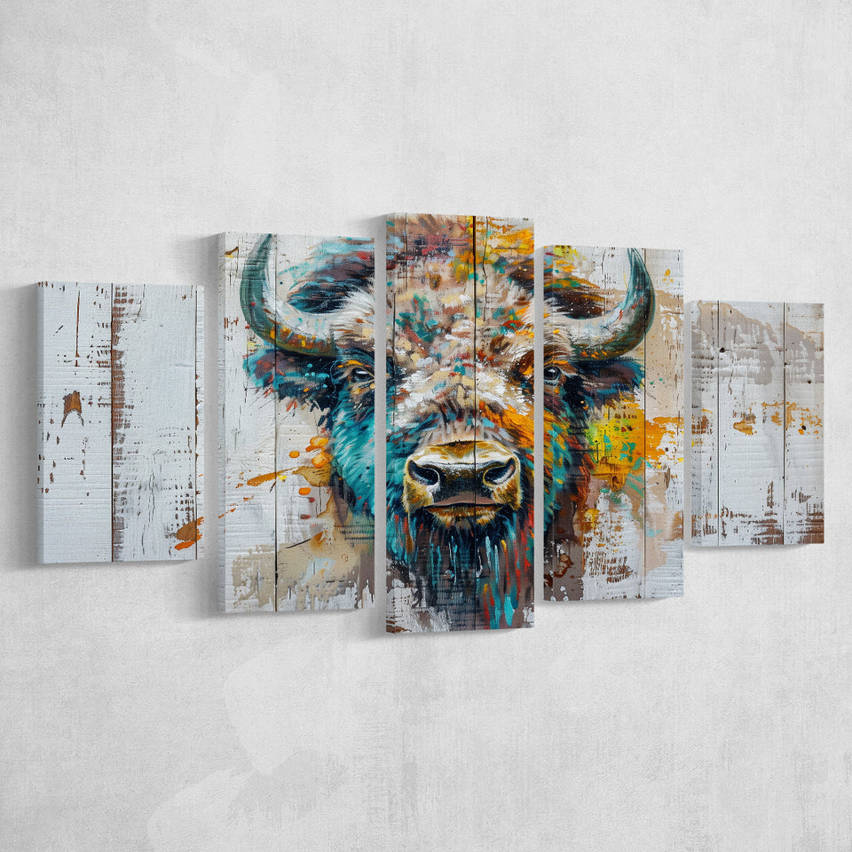 Bison Painted On Wood Texture Background Rustic Cabin, Multi Panel Canvas Print Wall Art Decor, 5 Mixed Panel