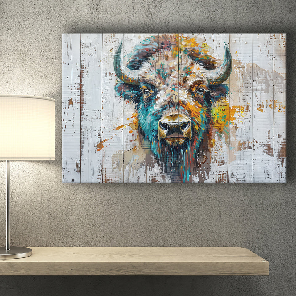 Bison Painted On Wood Texture Background Rustic Cabin, Canvas Print Wall Art Decor, Landscape Art Print