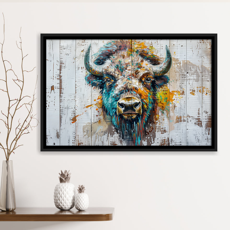 Bison Painted On Wood Texture Background Rustic Cabin, Framed Canvas Print Wall Art Decor,Floating Frame