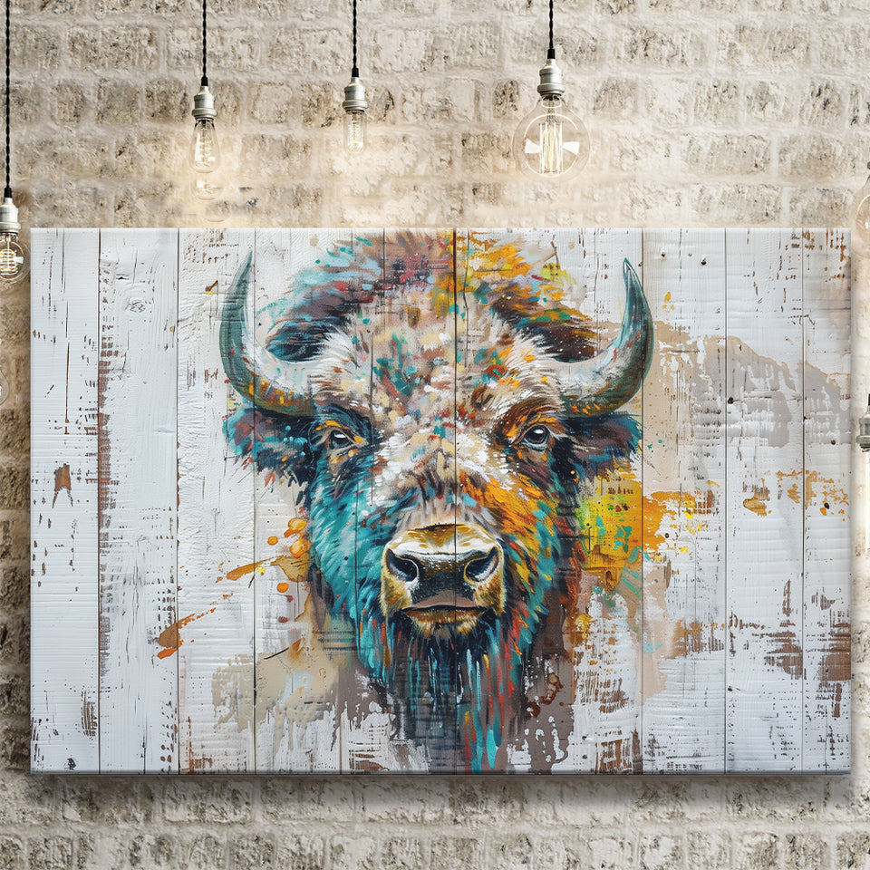 Bison Painted On Wood Texture Background Rustic Cabin, Canvas Print Wall Art Decor, Landscape Art Print