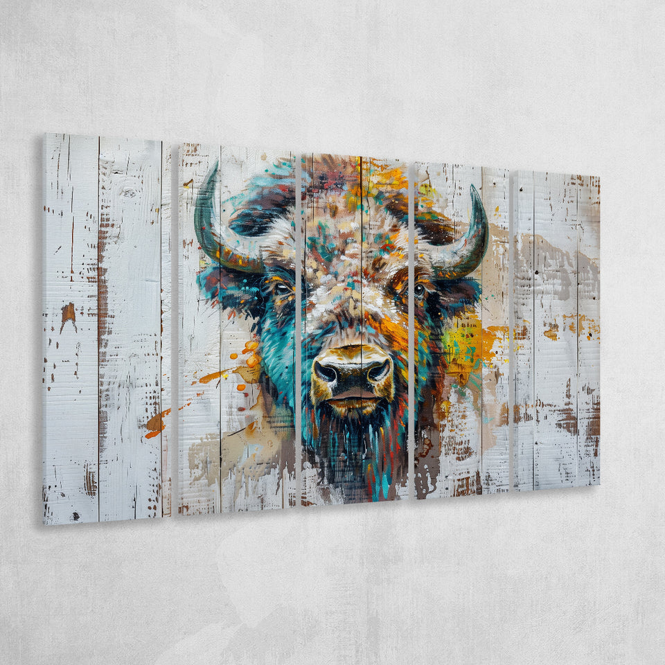 Bison Painted On Wood Texture Background Rustic Cabin, Extra Large Multi 5 Panel Canvas Print Wall Art Decor