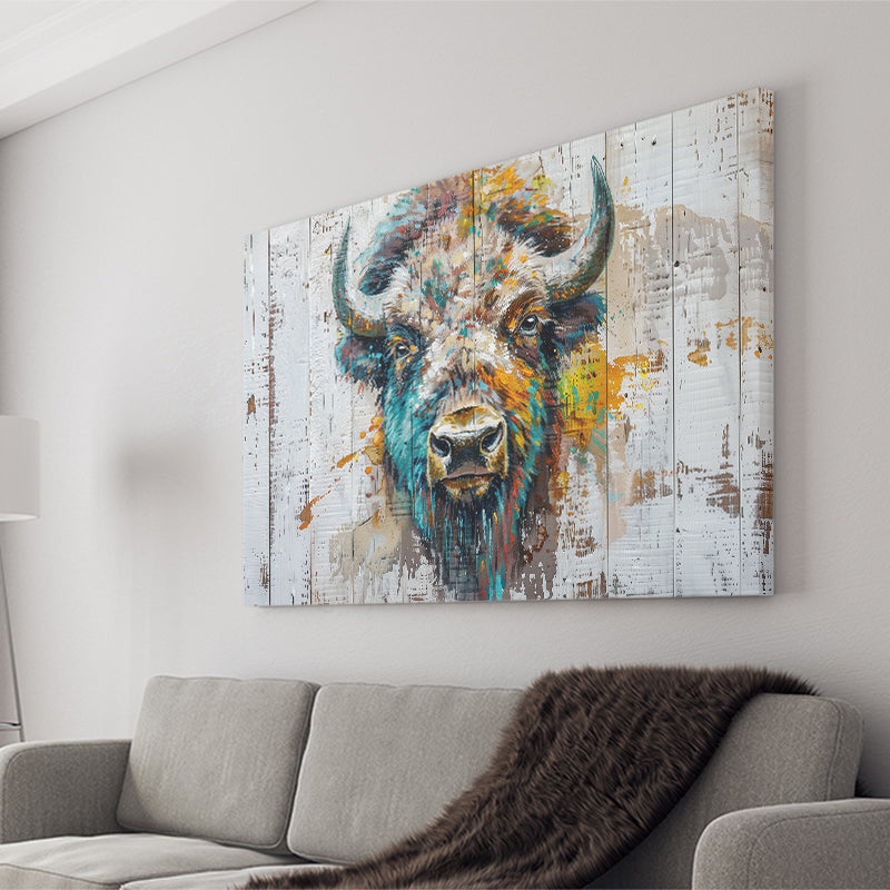 Bison Painted On Wood Texture Background Rustic Cabin, Canvas Print Wall Art Decor, Landscape Art Print