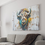 Bison Painted On Wood Texture Background Rustic Cabin, Canvas Print Wall Art Decor, Landscape Art Print