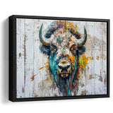 Bison Painted On Wood Texture Background Rustic Cabin, Framed Canvas Print Wall Art Decor,Floating Frame