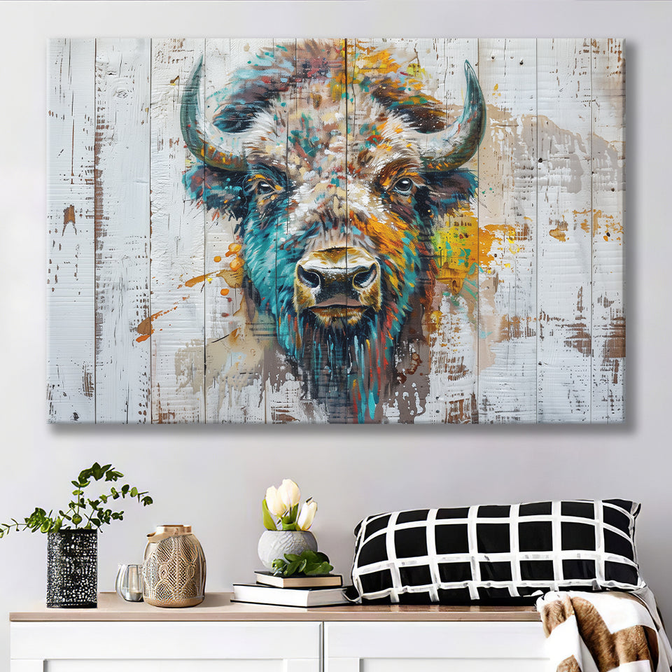 Bison Painted On Wood Texture Background Rustic Cabin, Canvas Print Wall Art Decor, Landscape Art Print
