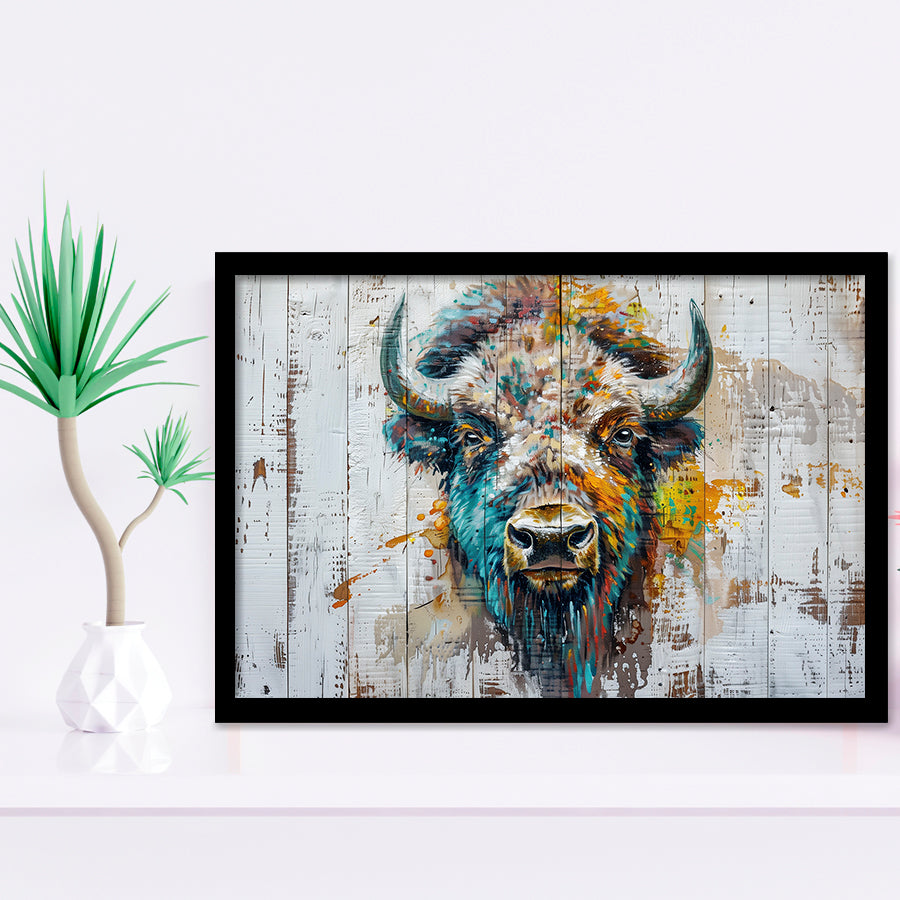 Bison Painted On Wood Texture Background Rustic Cabin, Framed Art Print Wall Decor, Framed Picture