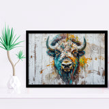 Bison Painted On Wood Texture Background Rustic Cabin, Framed Art Print Wall Decor, Framed Picture