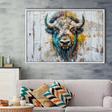 Bison Painted On Wood Texture Background Rustic Cabin, Framed Canvas Print Wall Art Decor,Floating Frame