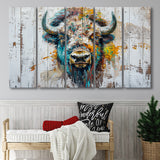 Bison Painted On Wood Texture Background Rustic Cabin, Extra Large Multi 5 Panel Canvas Print Wall Art Decor