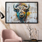 Bison Painted On Wood Texture Background Rustic Cabin, Framed Canvas Print Wall Art Decor,Floating Frame