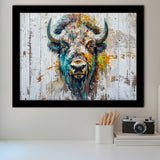 Bison Painted On Wood Texture Background Rustic Cabin, Framed Art Print Wall Decor, Framed Picture