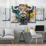 Bison Painted On Wood Texture Background Rustic Cabin, Multi Panel Canvas Print Wall Art Decor, 5 Mixed Panel