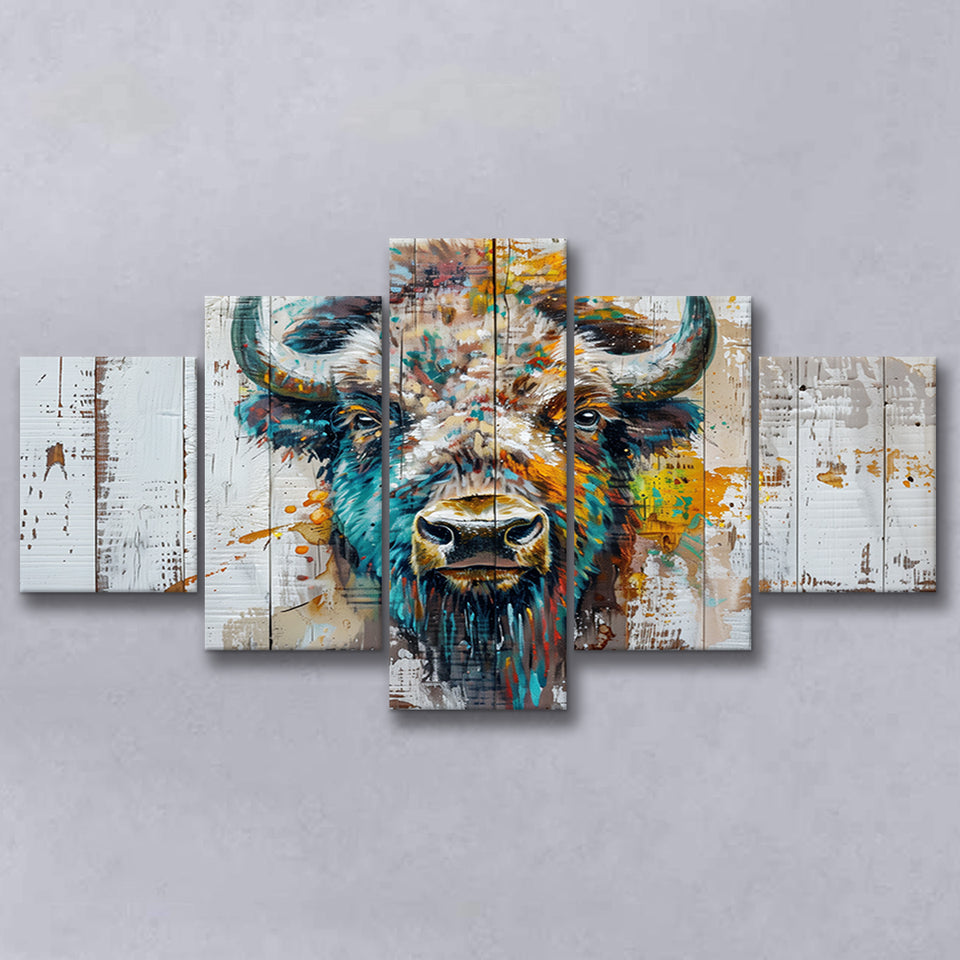 Bison Painted On Wood Texture Background Rustic Cabin, Multi Panel Canvas Print Wall Art Decor, 5 Mixed Panel