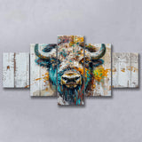 Bison Painted On Wood Texture Background Rustic Cabin, Multi Panel Canvas Print Wall Art Decor, 5 Mixed Panel