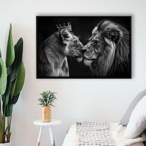 Black And White Couple Lion Art, Floating Frame, Framed Canvas Print Wall Art Home Decor