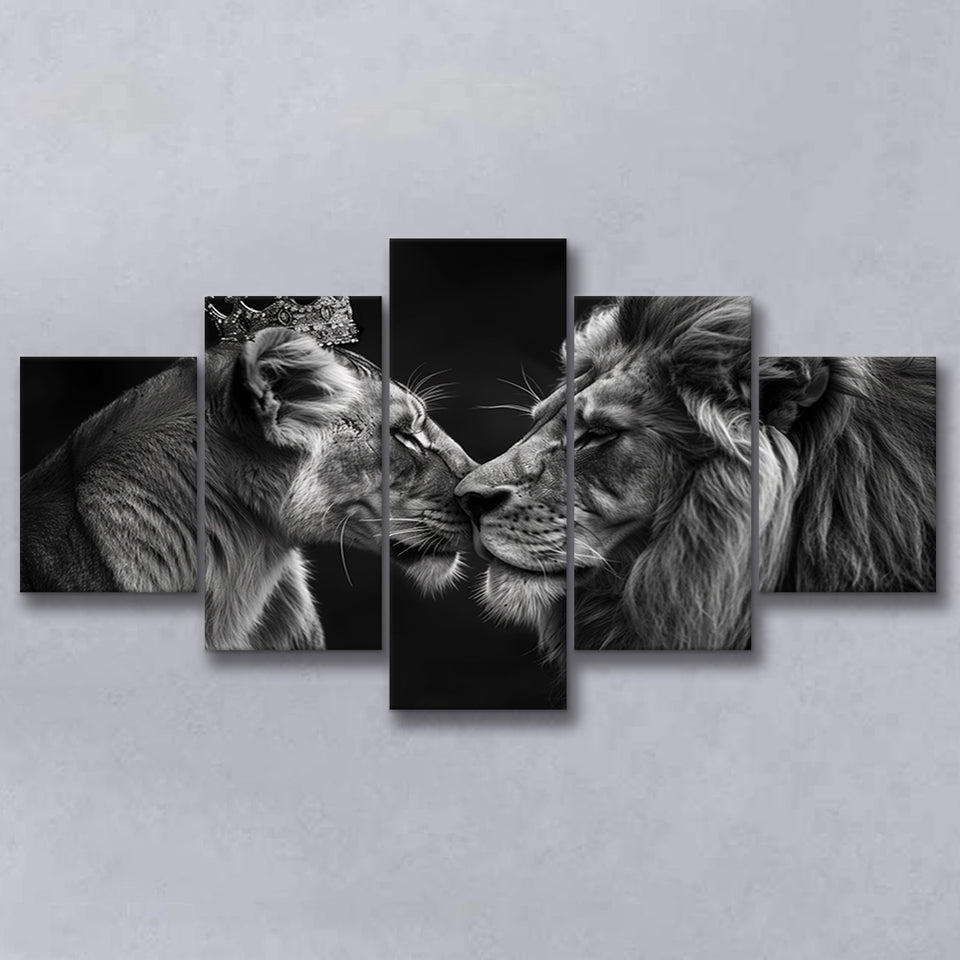 Black And White Couple Lion Art, Multi Panel,Mixed Canvas Print Wall Art Decor