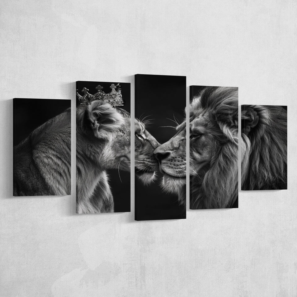 Black And White Couple Lion Art, Multi Panel,Mixed Canvas Print Wall Art Decor