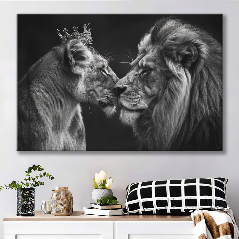 Black And White Couple Lion Art, Art Print, Canvas Print Wall Art Home Decor